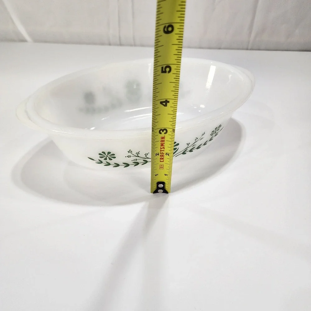 Vintage Glasbake Milk Glass Oval Casserole Dish Green Daisy Floral J-535 USA